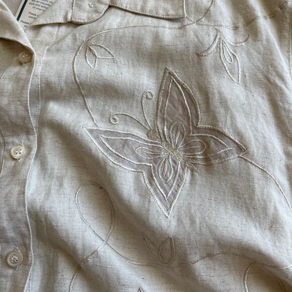 NWT Vintage 90s Tower Hill Ivory Linen ButtonUp Shirt Butterfly Embroidery Sz‎ L - Picture 7 of 8
